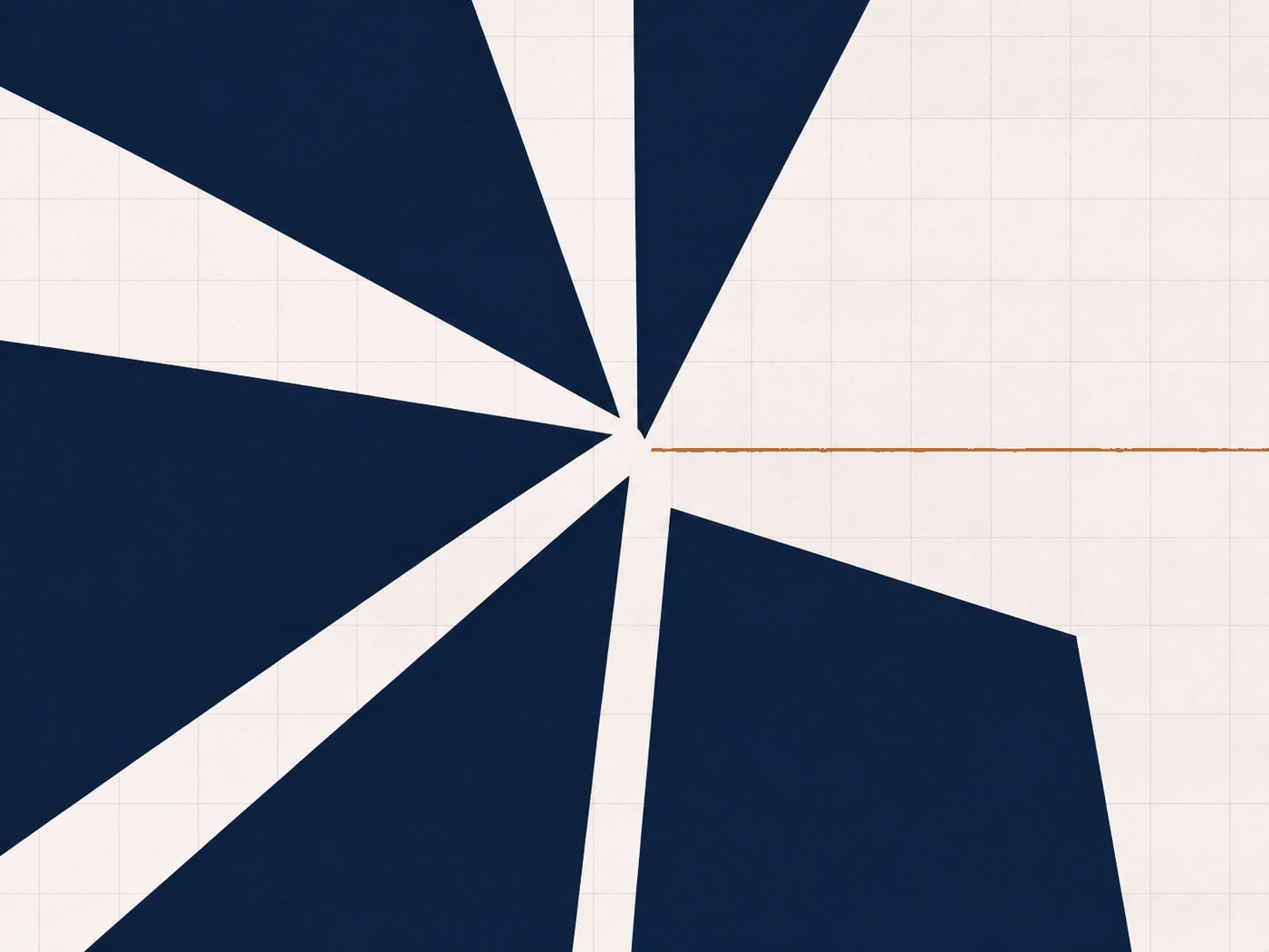 Five ink planes converging on one point from the edges of the frame, a copper line running from the point to the right edge