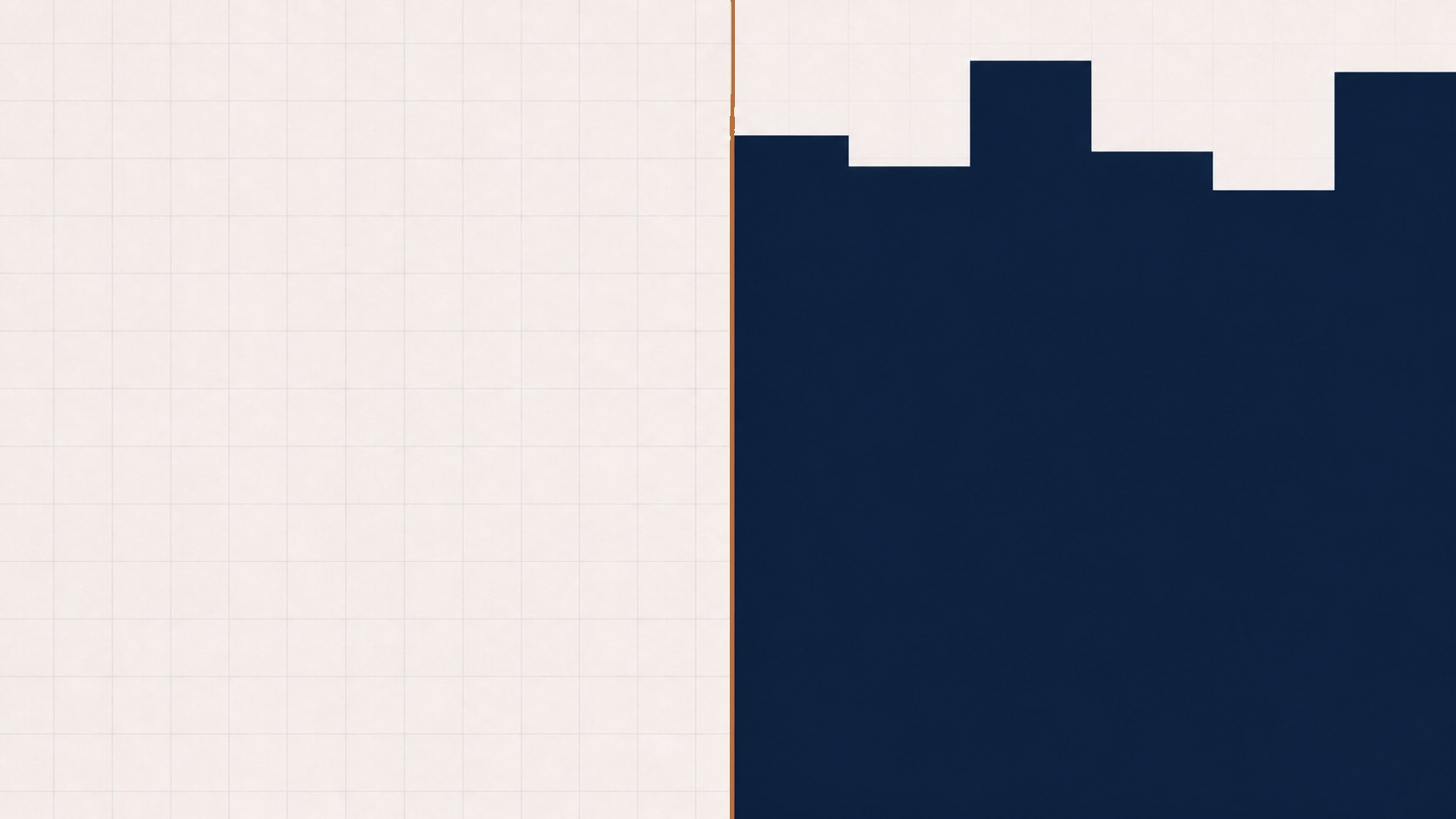 Six ink panels of different heights assembled into one block beside an empty paper field, joined by a copper seam