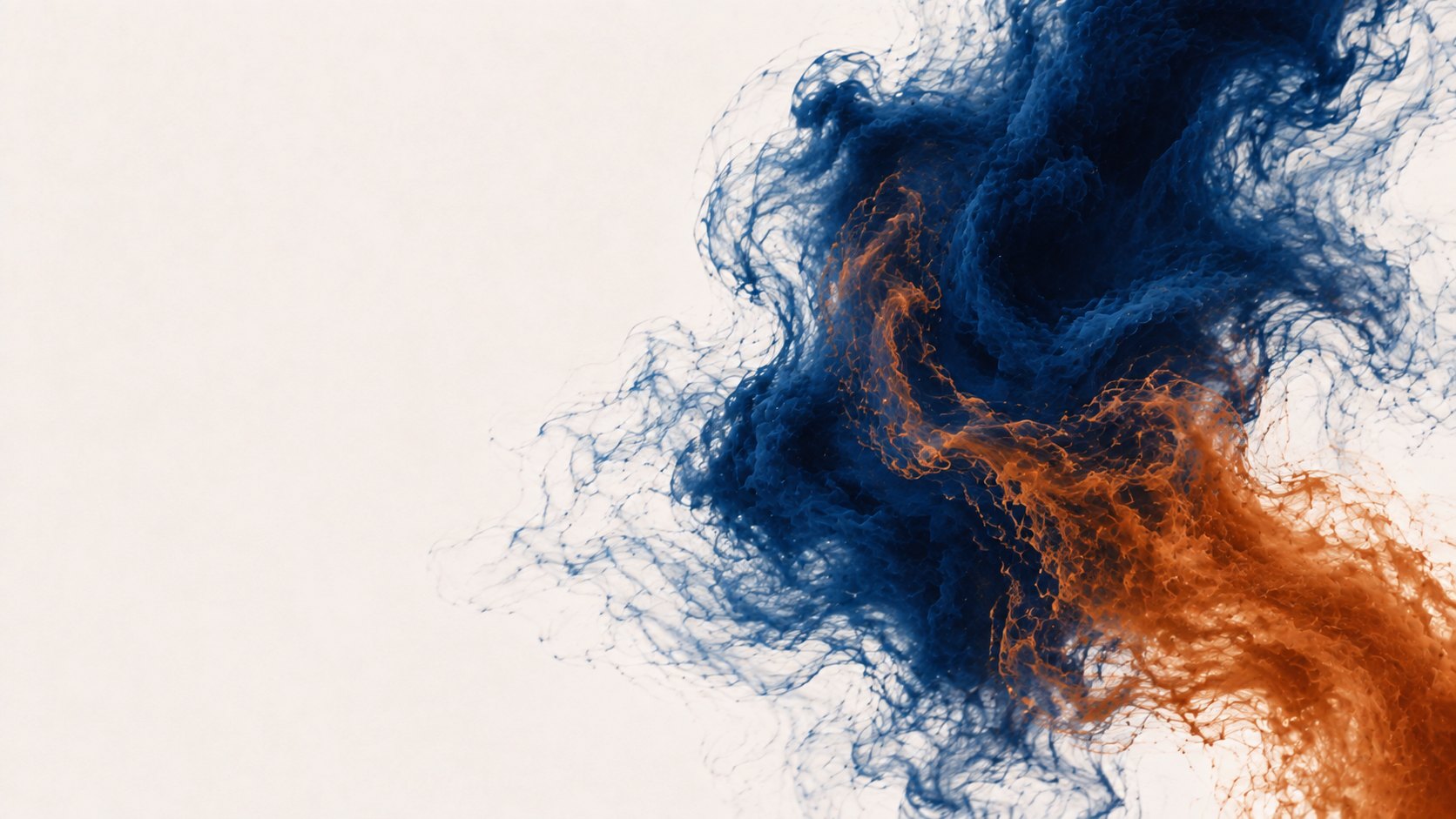 Navy and copper pigments interweaving in warm white liquid