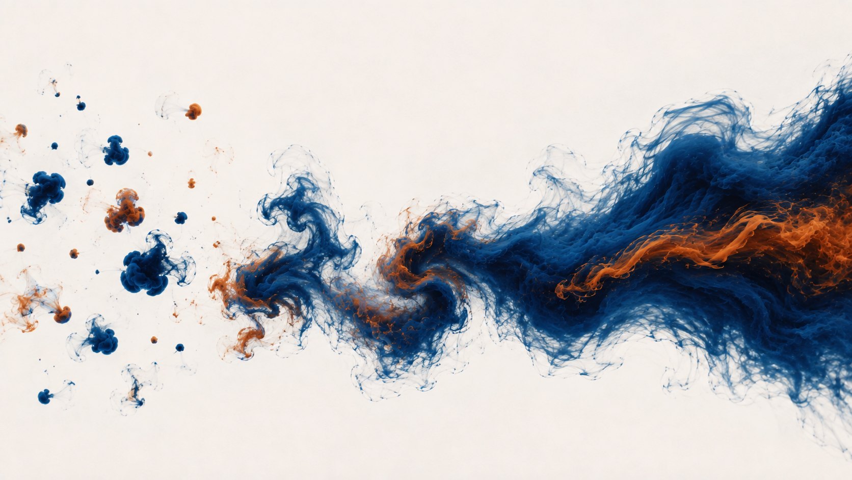 Separate navy and copper droplets gathering into a coherent current